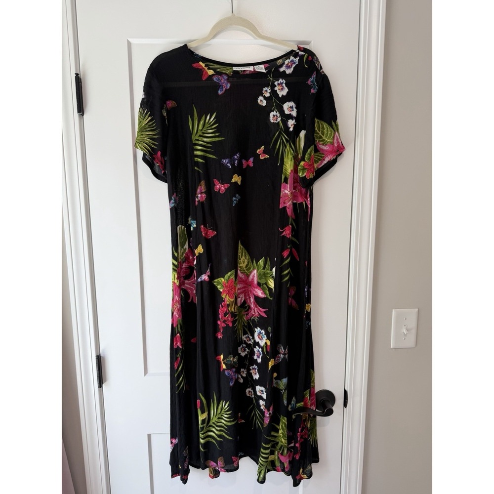 CW Classics Womens Black Rayon Shirt Dress Floral Short Sleeve Pullover Size L
